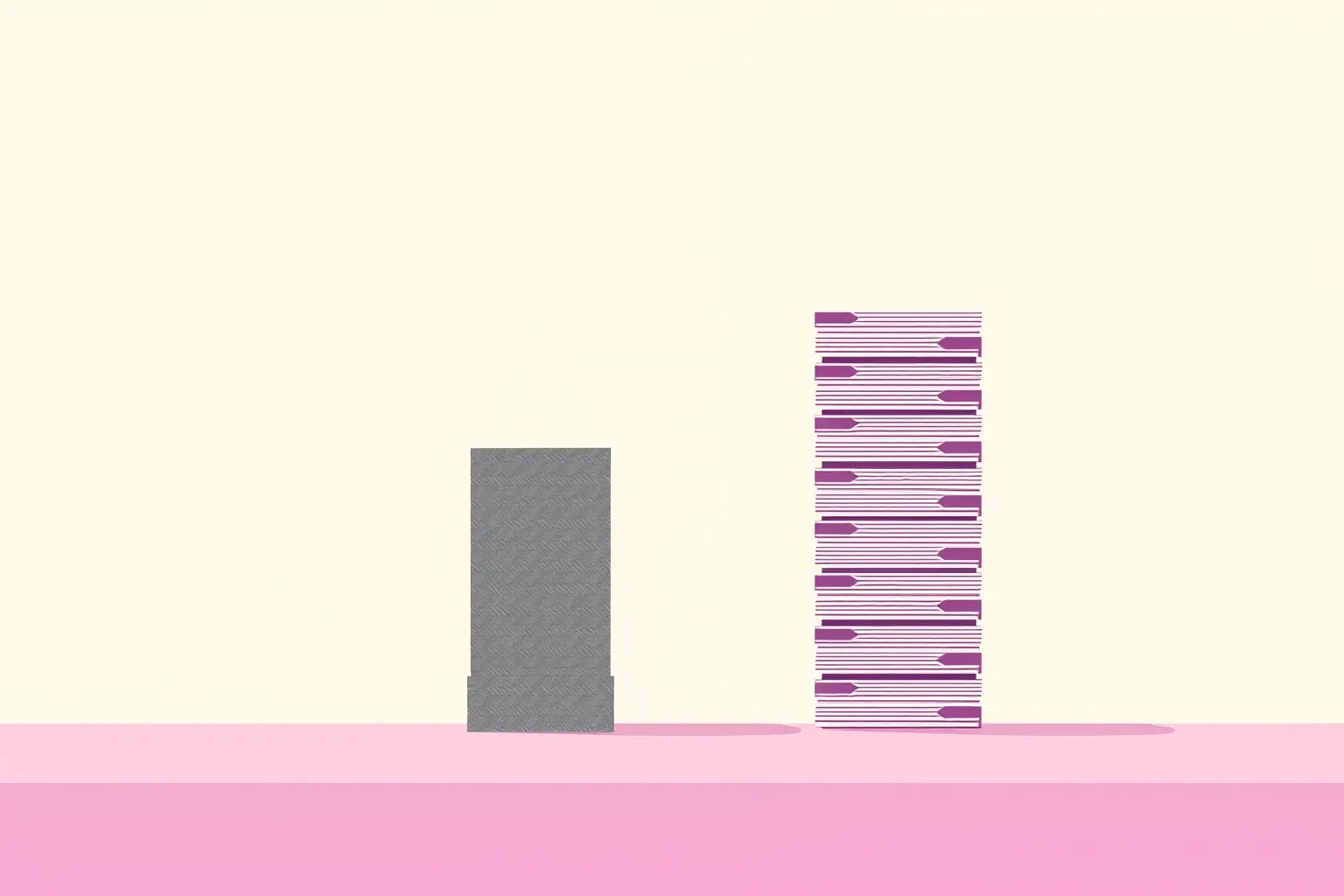 Genererad illustration: två torn av staplade kort mot en gräddvit bakgrund och ett rosa markplan, det vänstra tornet kort och grått, det högra högre och lila med vita ränder. Båda tornen kastar rosa skuggor på markplanet.